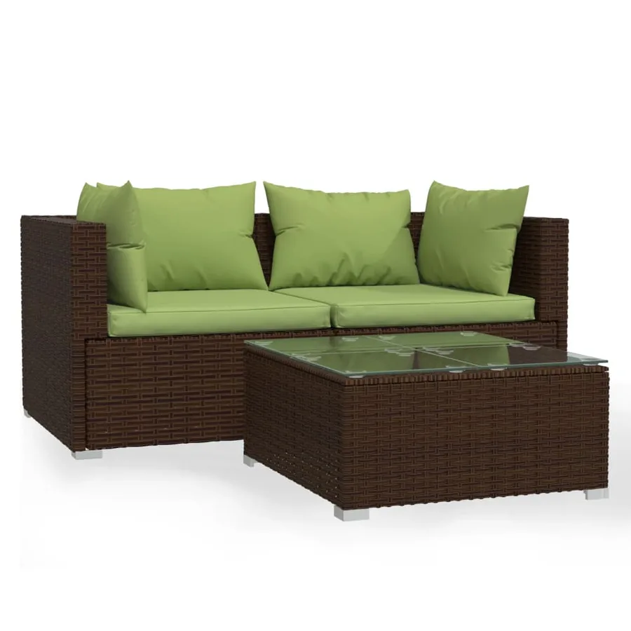Salon de jardin 3 pcs avec coussins marron résine tressée - 2