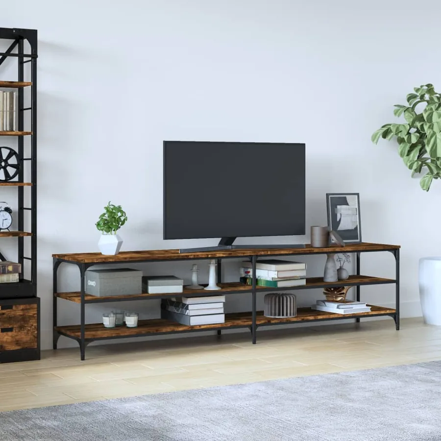Meuble TV chêne fumé 200x30x50 cm bois d'ingénierie et métal