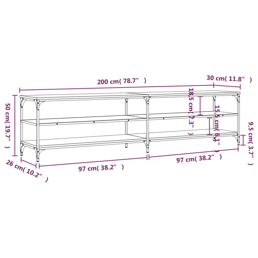 Meuble TV chêne fumé 200x30x50 cm bois d'ingénierie et métal - 9