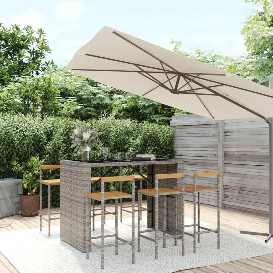 Ensemble de bar jardin 7 pcs gris poly rotin/bois massif acacia