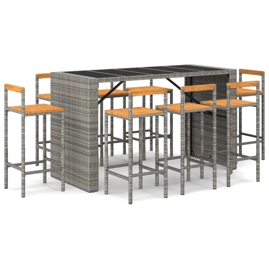 Ensemble de bar jardin 7 pcs gris poly rotin/bois massif acacia - 2
