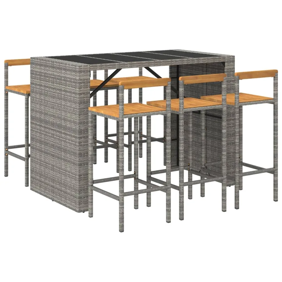 Ensemble de bar jardin 7 pcs gris poly rotin/bois massif acacia - 3