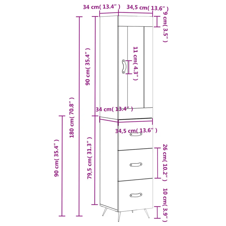 Buffet haut Blanc 34,5x34x180 cm Bois d'ingénierie - 14