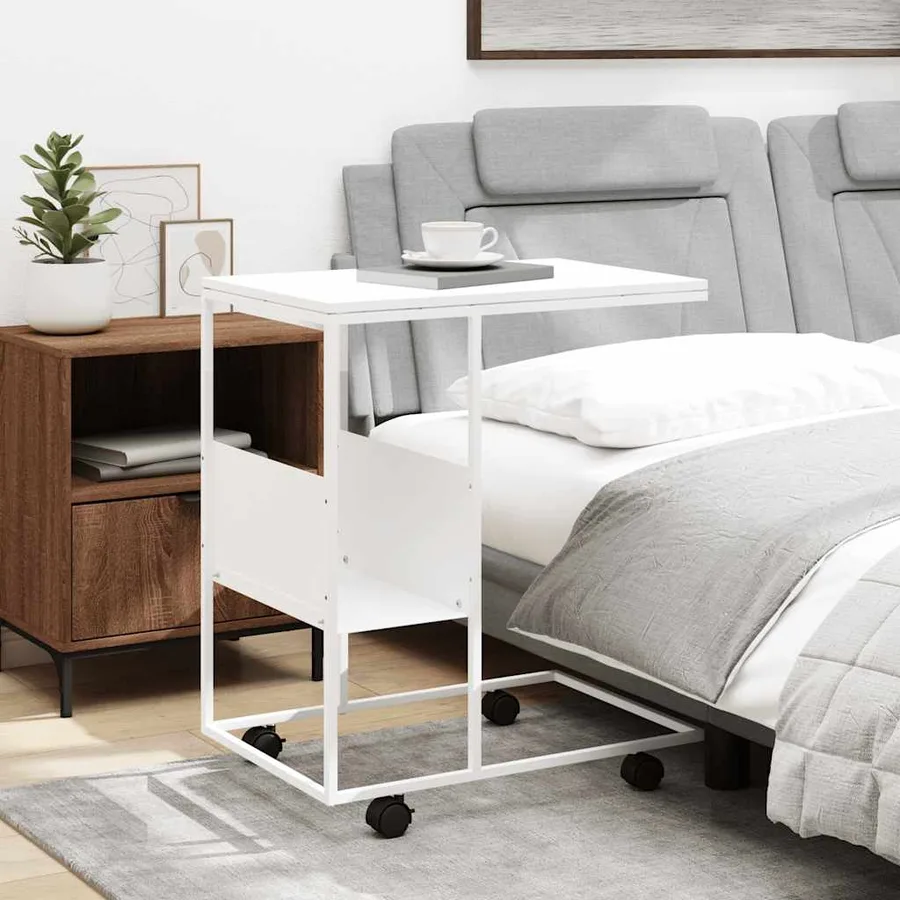 Table d'appoint avec roues blanc 55x36x63,5cm bois d'ingénierie - 3