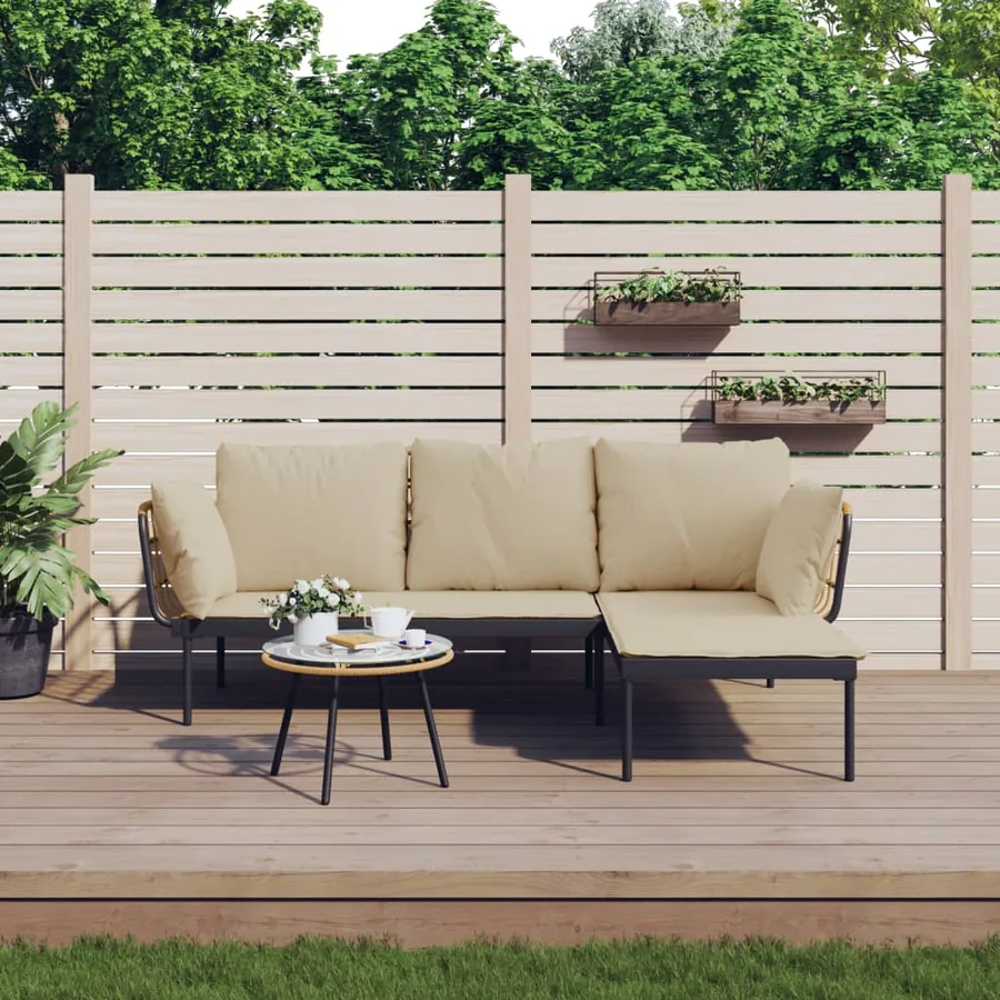 Salon de jardin 3 pcs avec coussins beiges résine tressée