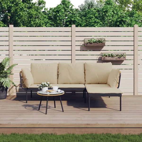 Salon de jardin 3 pcs avec coussins beiges résine tressée