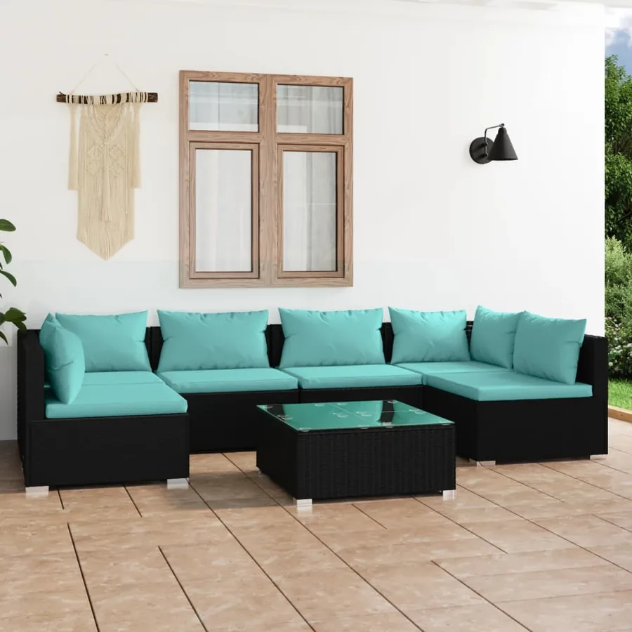 Salon de jardin 7 pcs avec coussins Résine tressée Noir