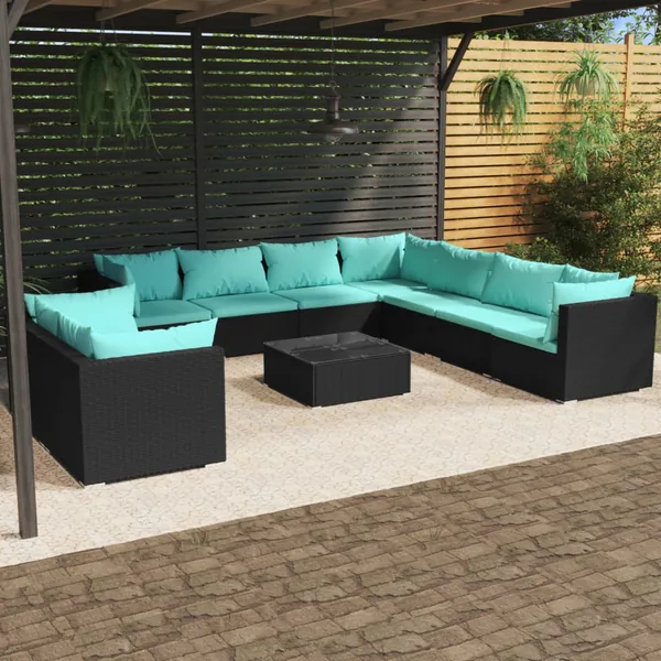 Salon de jardin 10 pcs avec coussins noir résine tressée