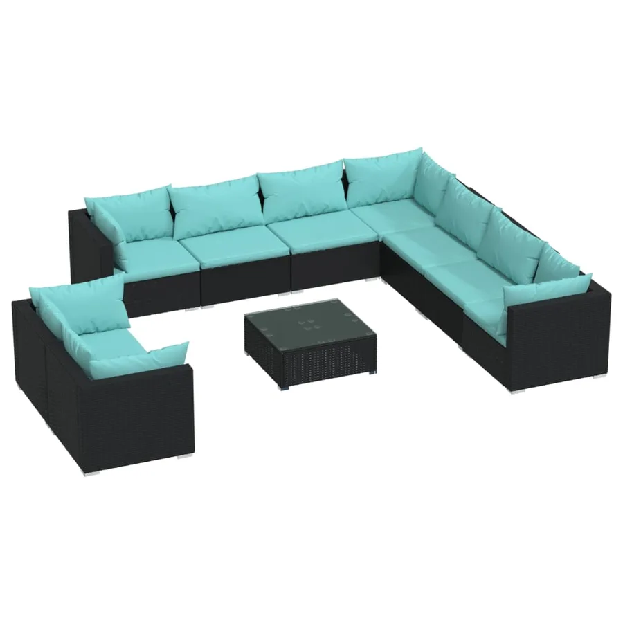 Salon de jardin 10 pcs avec coussins noir résine tressée - 2