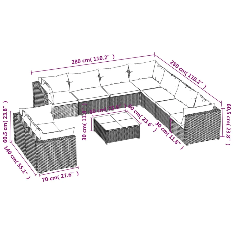 Salon de jardin 10 pcs avec coussins noir résine tressée - 6