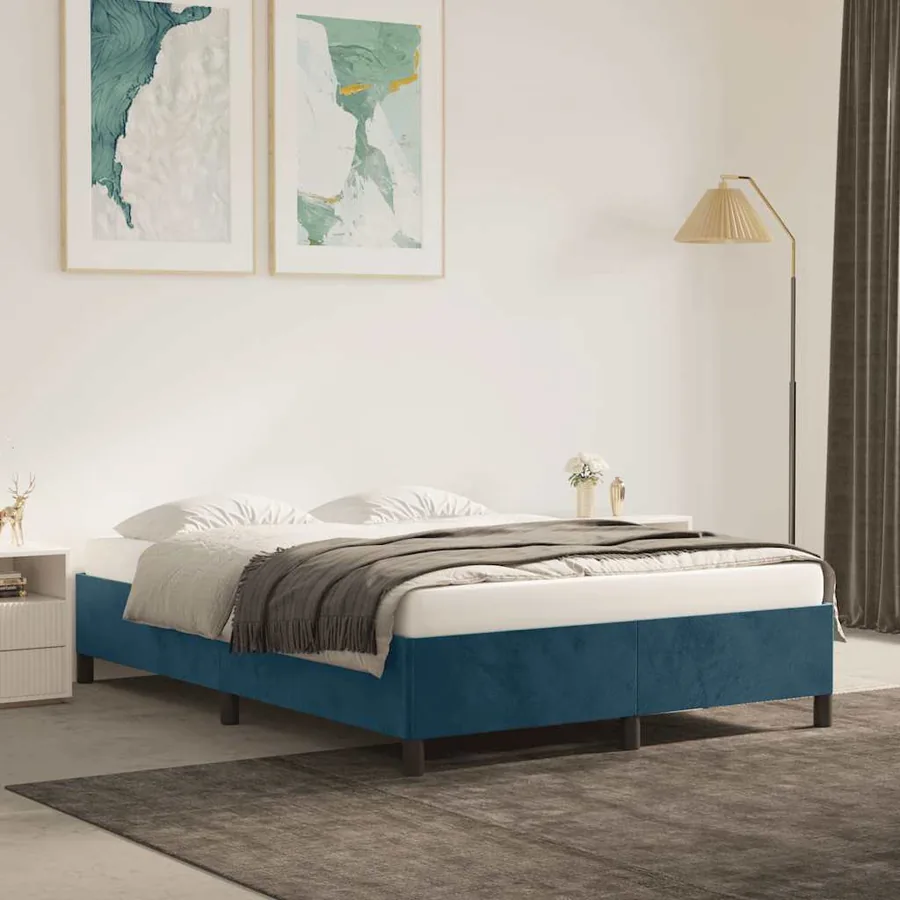 Cadre de lit sans matelas bleu foncé 140x190 cm velours