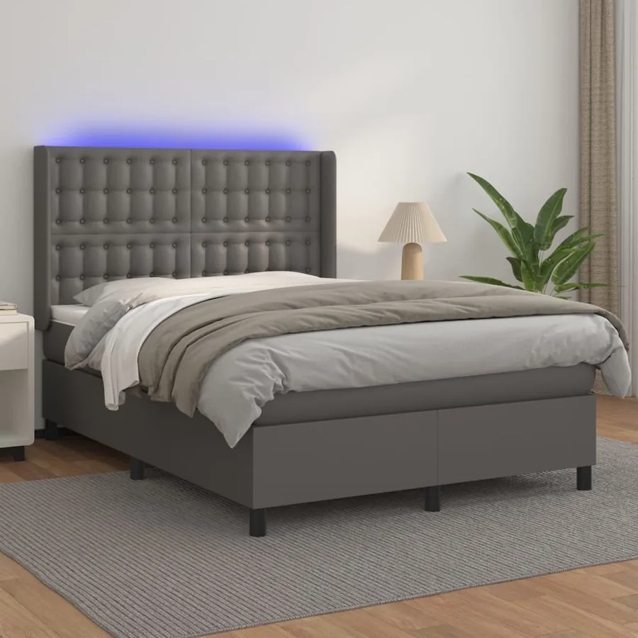 Sommier à lattes de lit matelas LED Gris 140x200 cm Similicuir