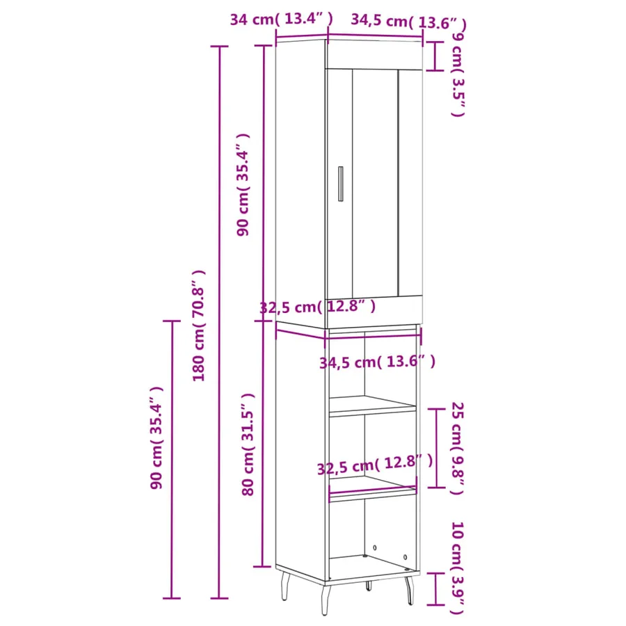 Buffet haut Blanc 34,5x34x180 cm Bois d'ingénierie - 13