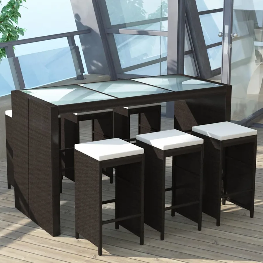Ensemble de bar de jardin 7 pcs coussins Résine tressée Marron