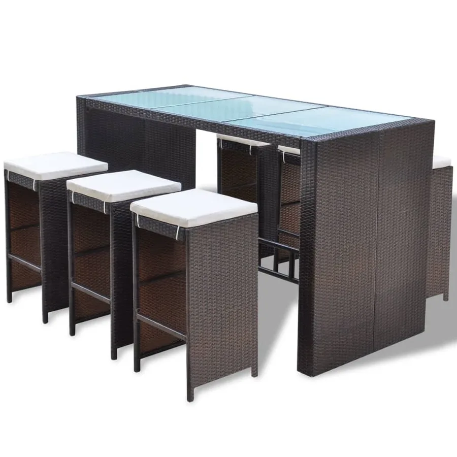 Ensemble de bar de jardin 7 pcs coussins Résine tressée Marron - 2