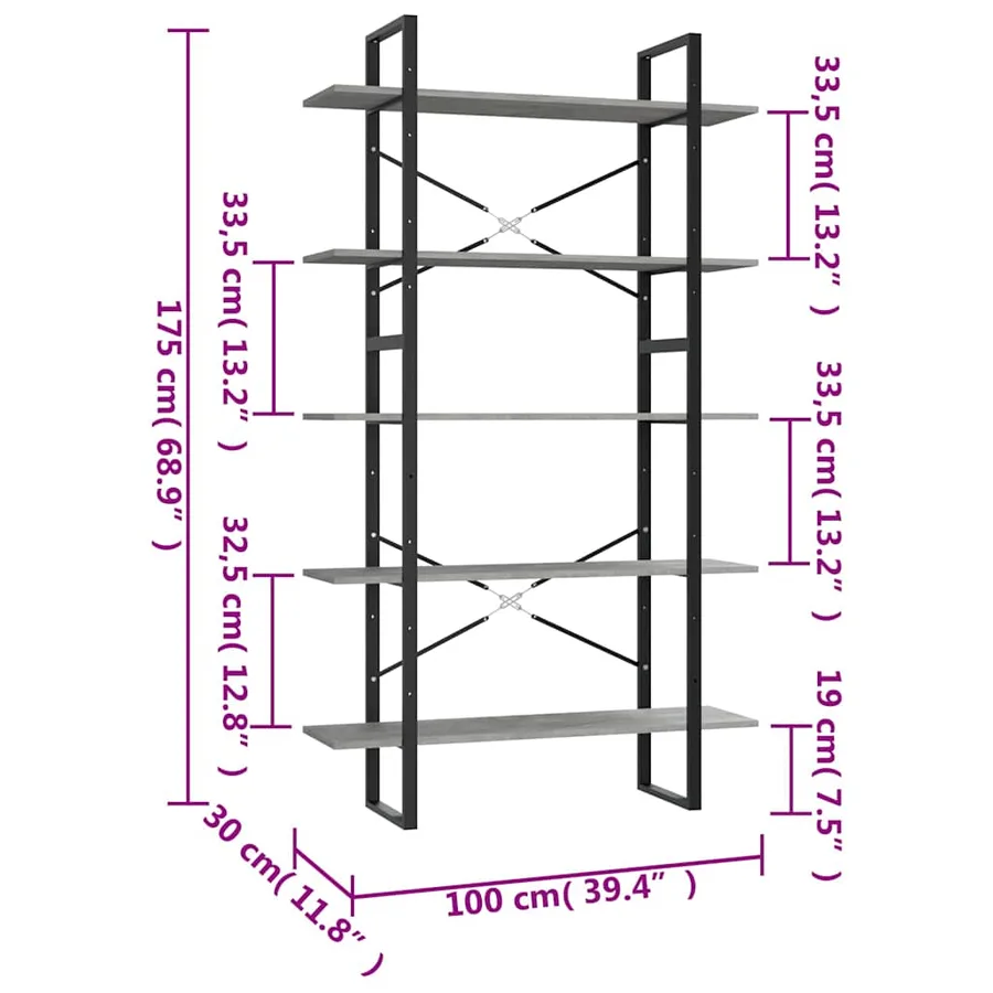 Bibliothèque à 5 niveaux Gris béton 100x30x175 cm - 6