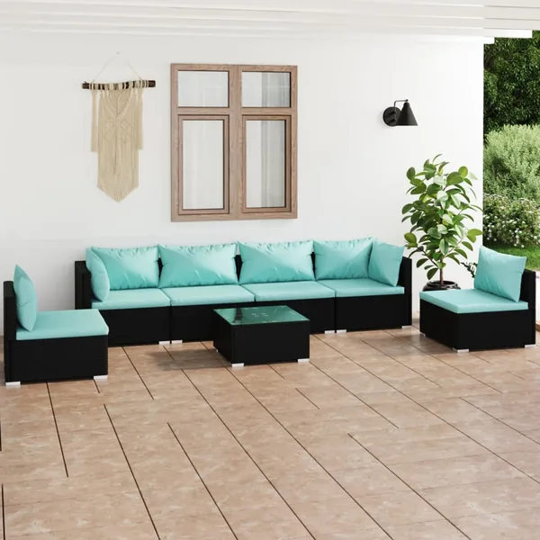 Salon de jardin 7 pcs avec coussins Résine tressée Noir