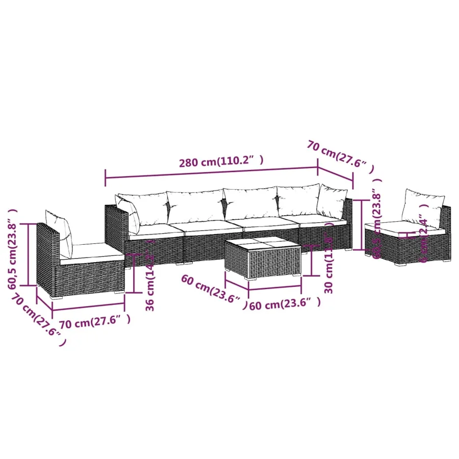 Salon de jardin 7 pcs avec coussins Résine tressée Noir - 9