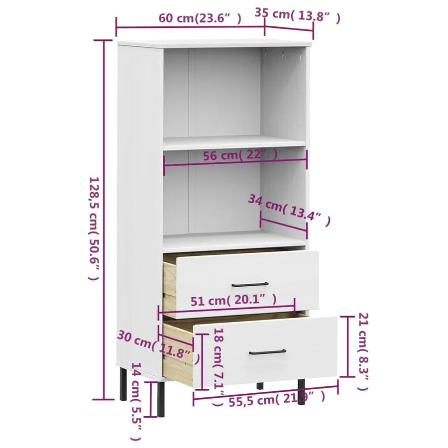 Bibliothèque à 2 tiroirs Blanc 60x35x128,5 cm Bois massif OSLO - 8