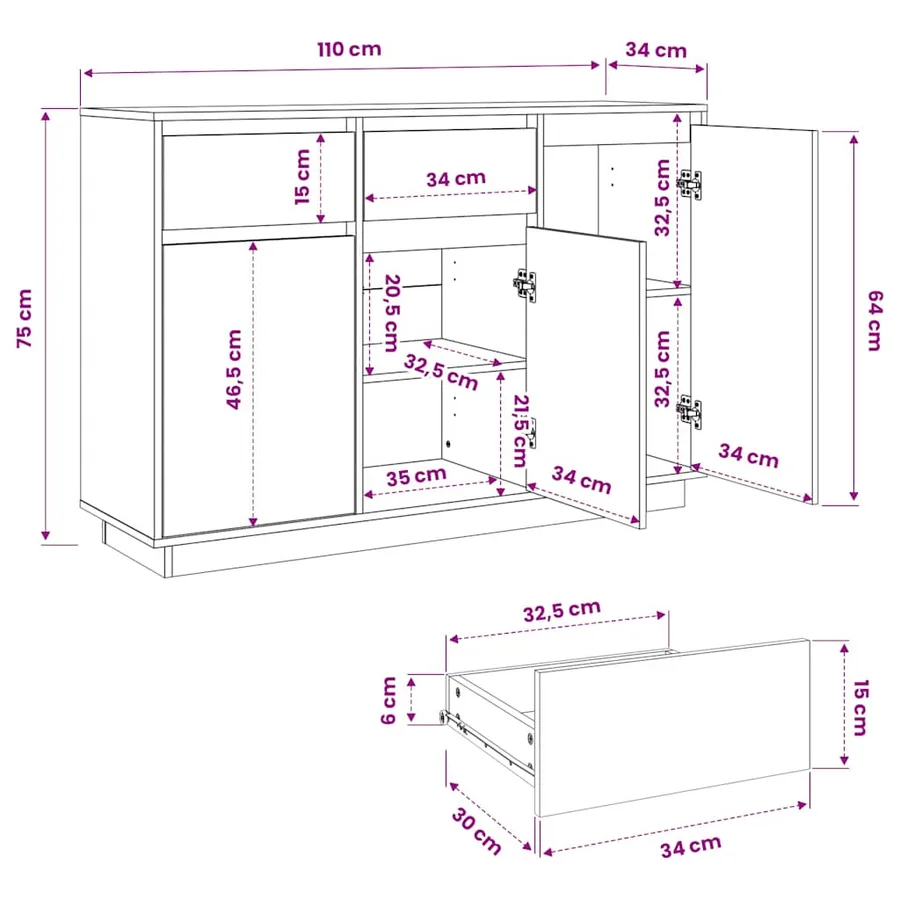 Buffet blanc 110x34x75 cm bois massif de pin - 9