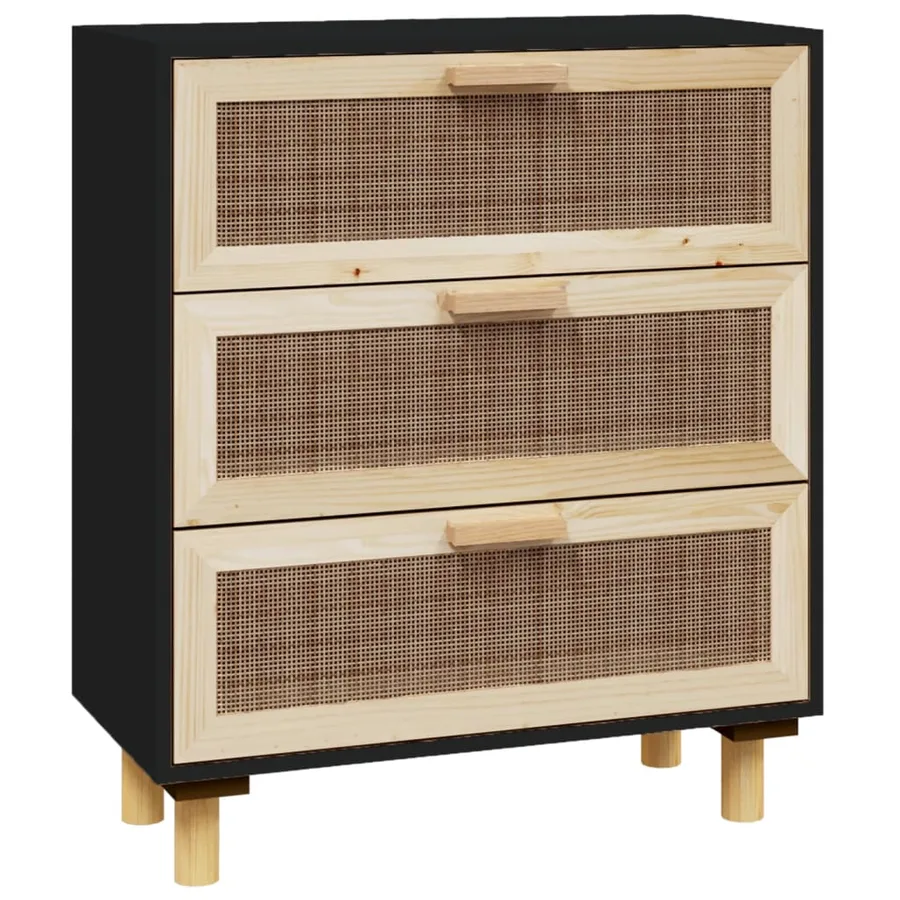 Buffet Noir 60x30x70 cm Bois de pin massif et rotin naturel - 2