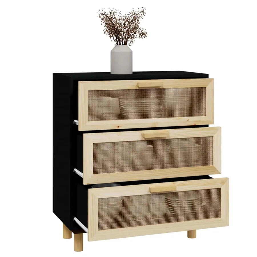 Buffet Noir 60x30x70 cm Bois de pin massif et rotin naturel - 3