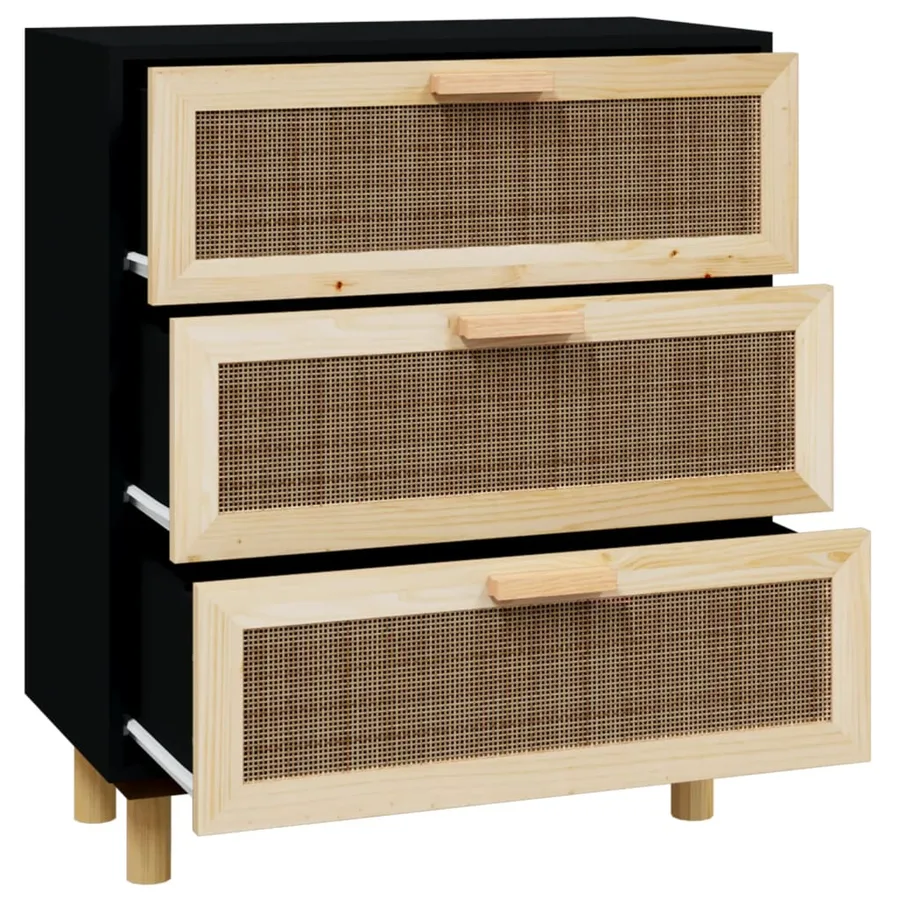 Buffet Noir 60x30x70 cm Bois de pin massif et rotin naturel - 4