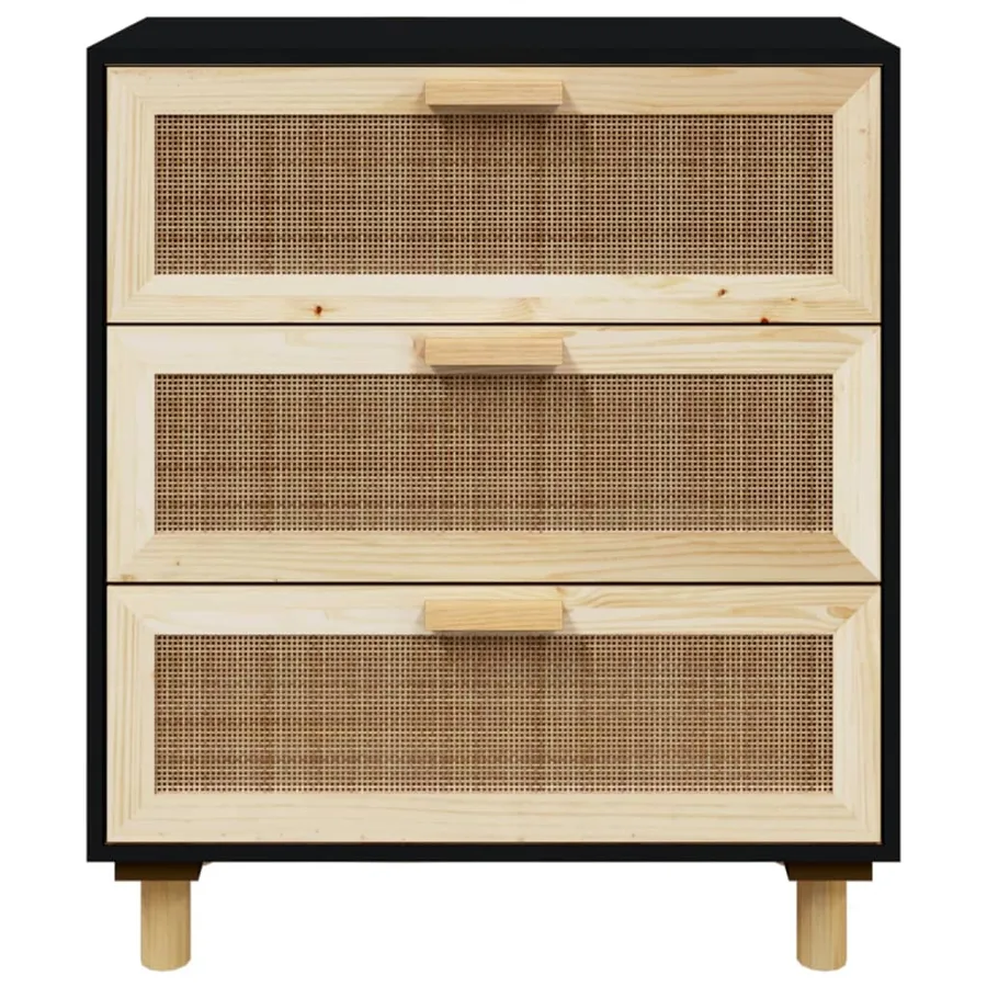 Buffet Noir 60x30x70 cm Bois de pin massif et rotin naturel - 5