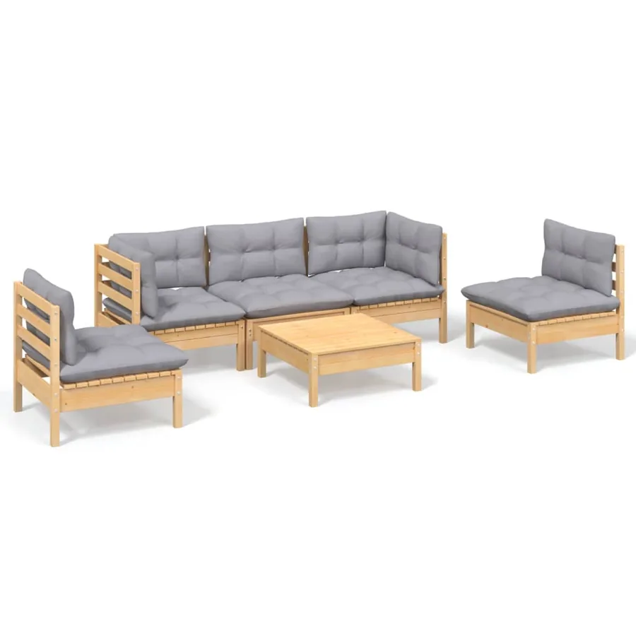Salon de jardin 6 pcs avec coussins gris Bois de pin massif - 2