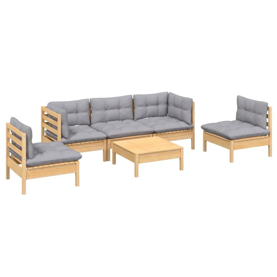 Salon de jardin 6 pcs avec coussins gris Bois de pin massif - 3