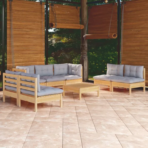 Salon de jardin 8 pcs avec coussins gris Bois de pin massif