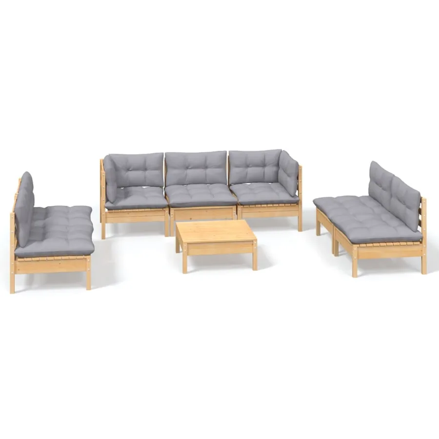 Salon de jardin 8 pcs avec coussins gris Bois de pin massif - 2