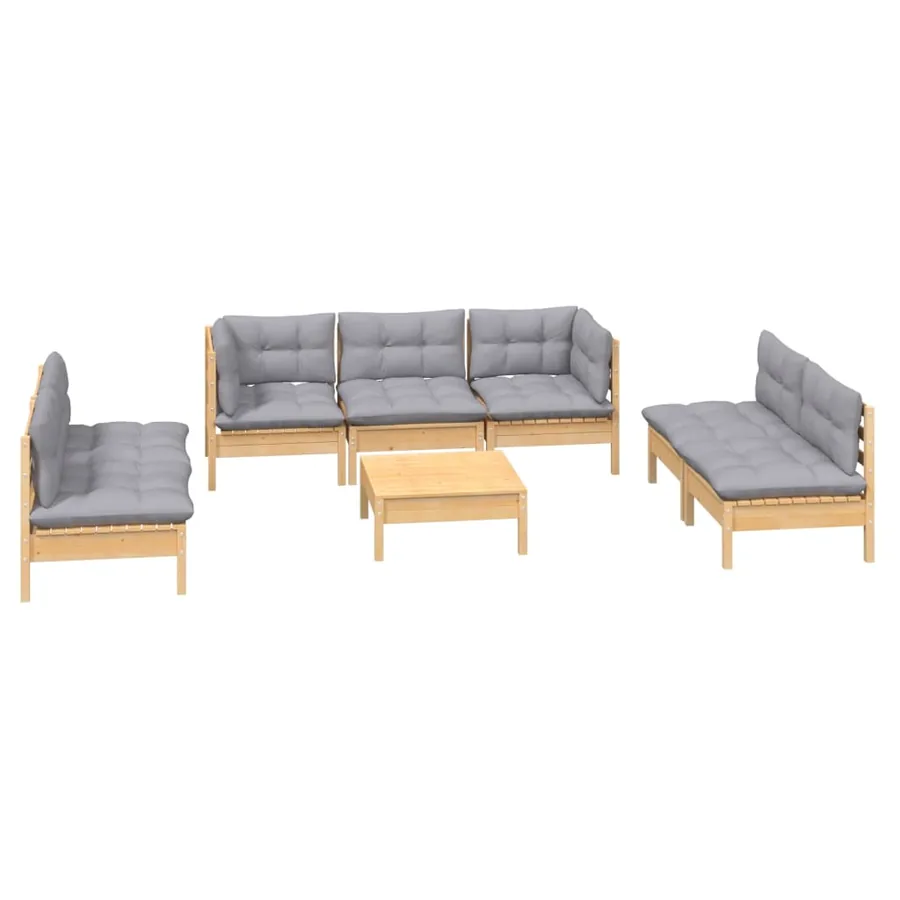 Salon de jardin 8 pcs avec coussins gris Bois de pin massif - 3