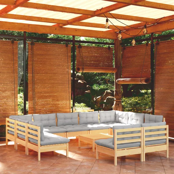 Salon de jardin 12 pcs avec coussins gris Bois de pin massif