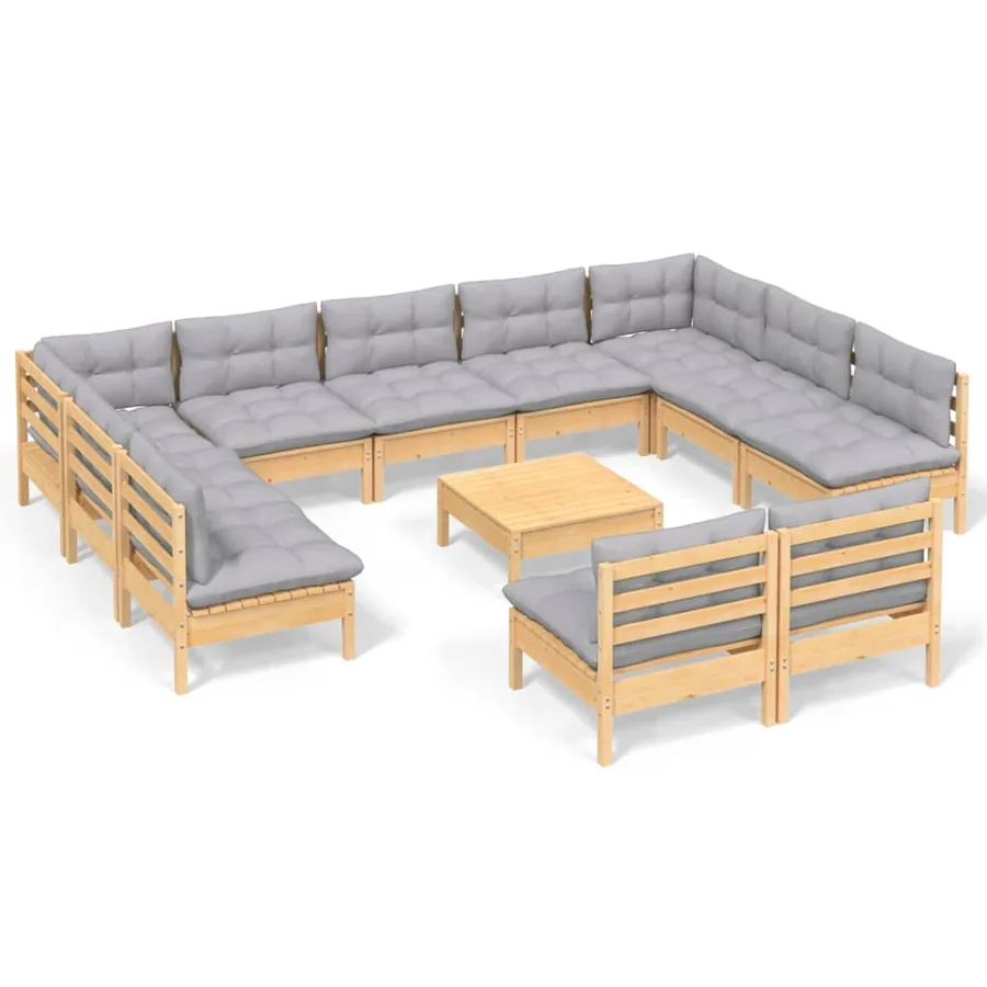 Salon de jardin 12 pcs avec coussins gris Bois de pin massif - 2