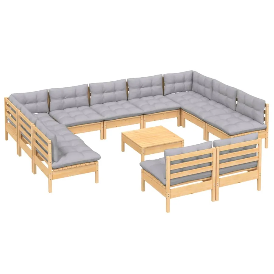 Salon de jardin 12 pcs avec coussins gris Bois de pin massif - 3