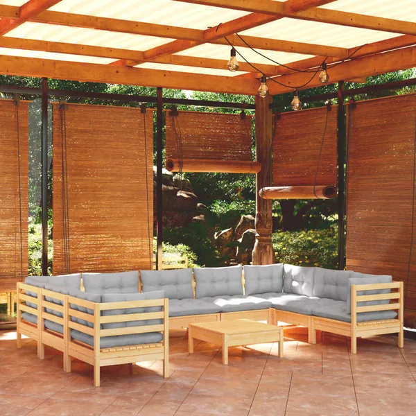 Salon de jardin 10 pcs avec coussins gris Bois de pin