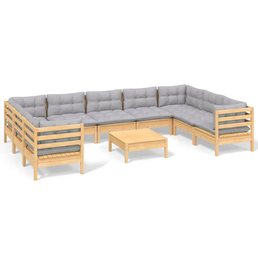 Salon de jardin 10 pcs avec coussins gris Bois de pin - 2