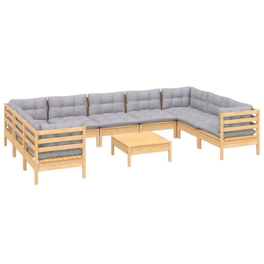 Salon de jardin 10 pcs avec coussins gris Bois de pin - 3
