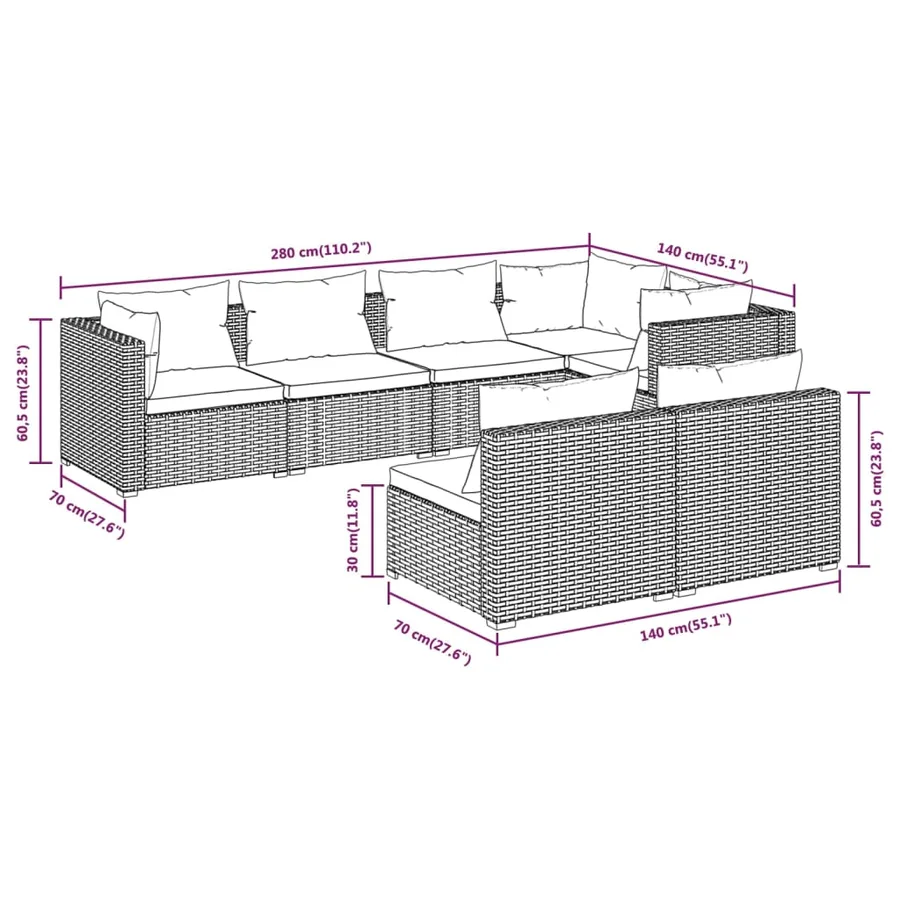 Salon de jardin 7 pcs avec coussins Noir Résine tressée 70 x 70 x 60,5 cm - 57,5 kg - 5
