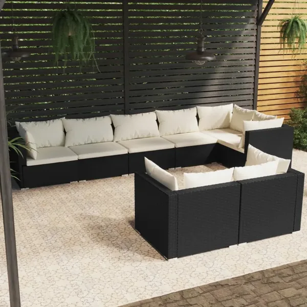 Salon de jardin 8 pcs avec coussins noir résine tressée