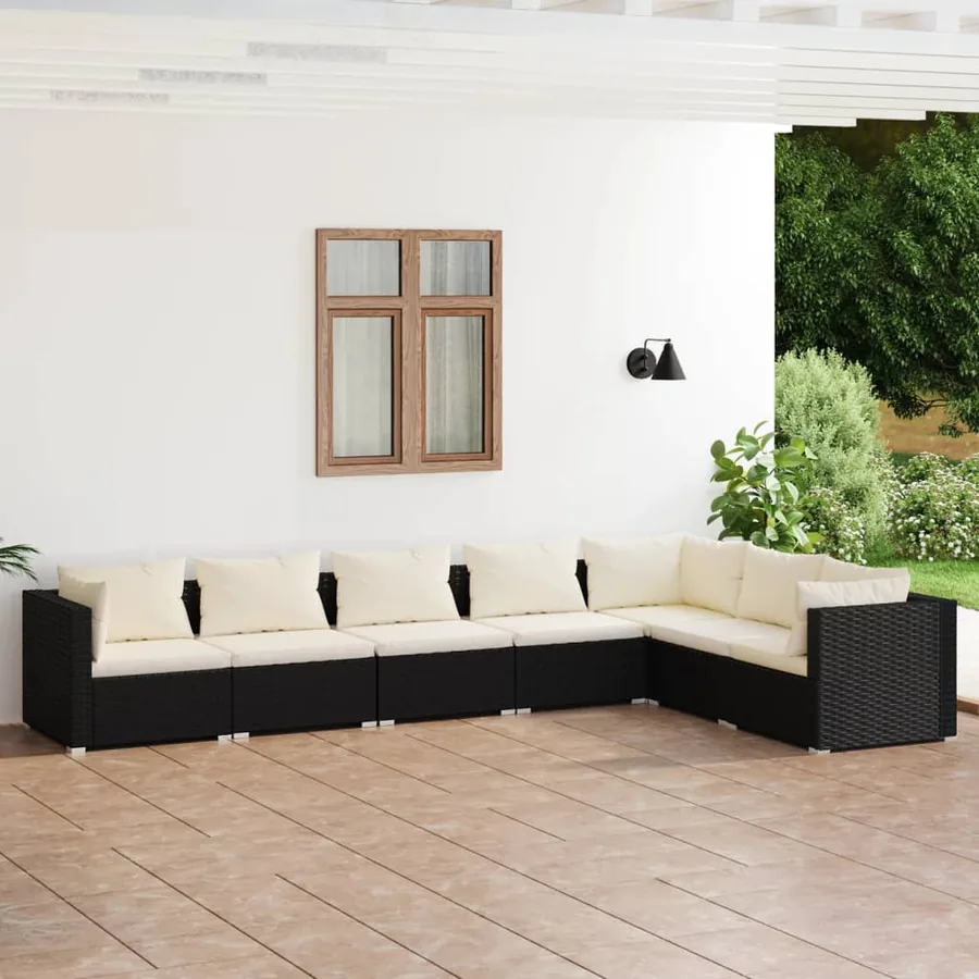 Salon de jardin 7 pcs avec coussins Résine tressée Noir