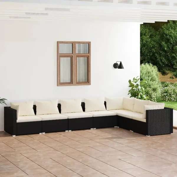 Salon de jardin 7 pcs avec coussins Résine tressée Noir