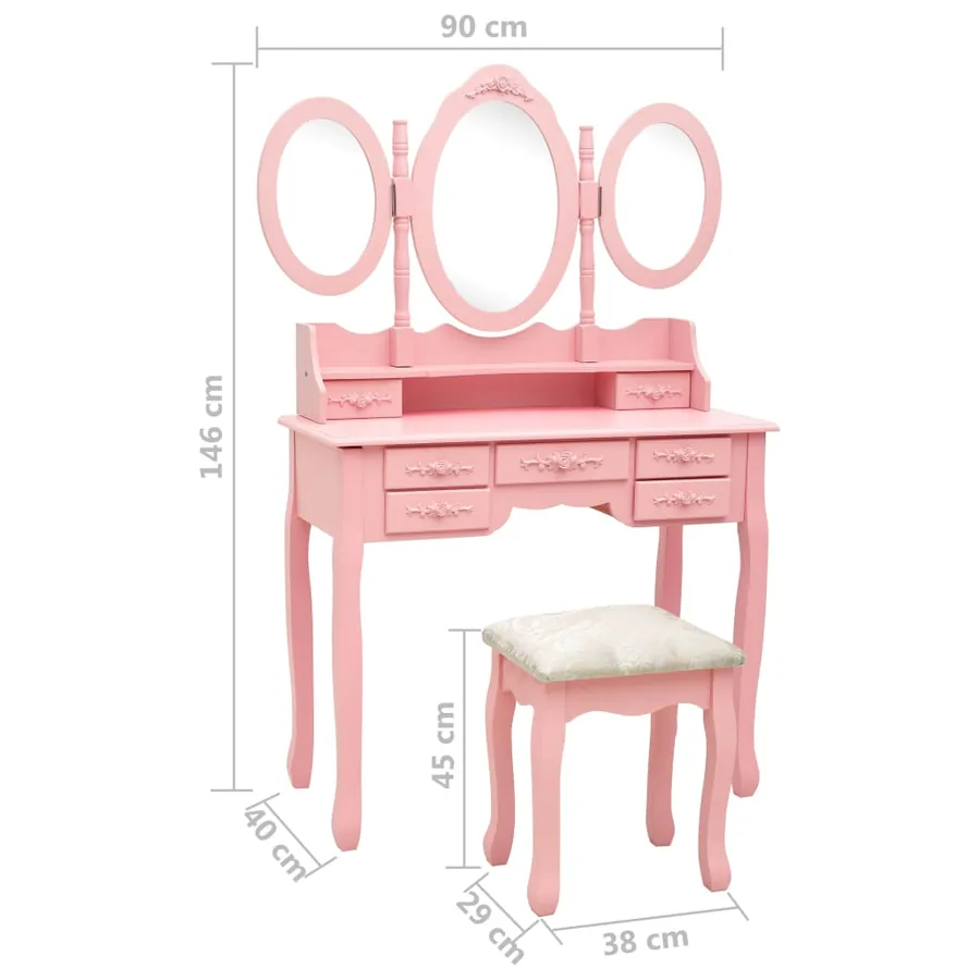 Coiffeuse avec tabouret et miroir pliable en 3 Rose - 12