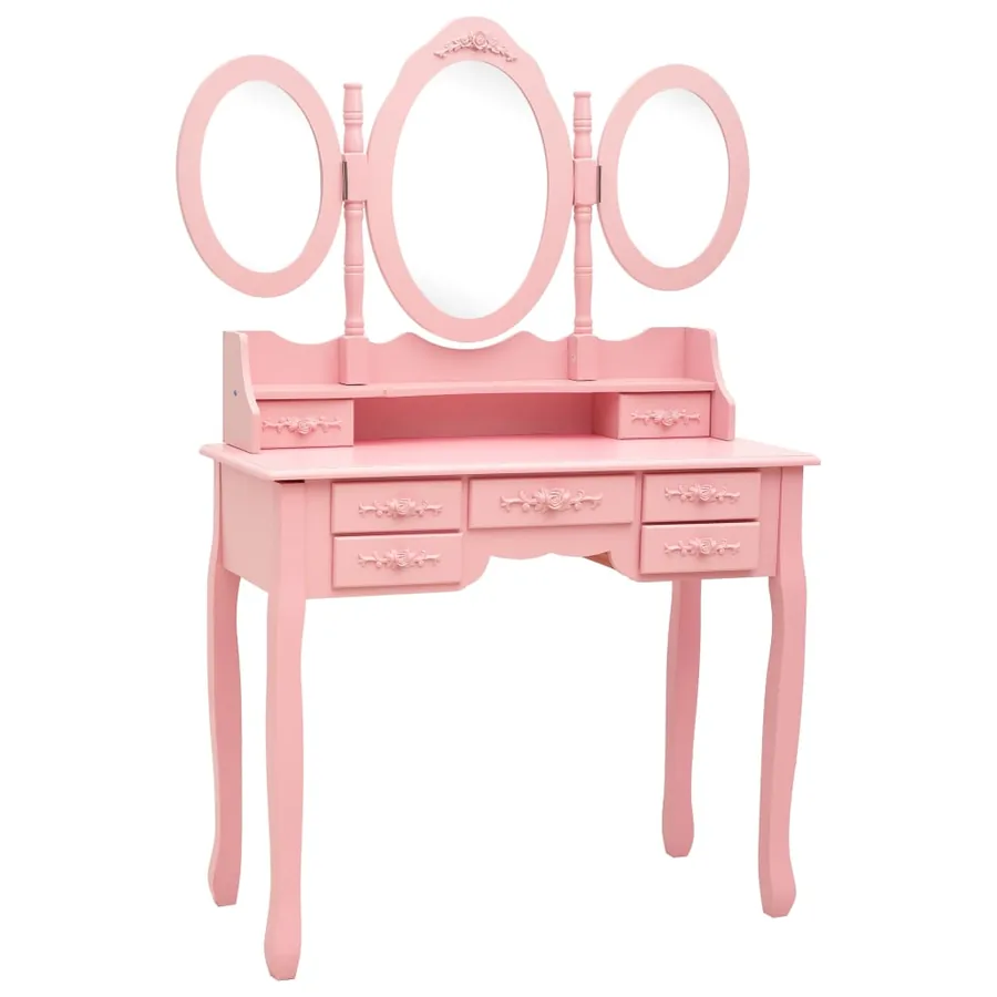 Coiffeuse avec tabouret et miroir pliable en 3 Rose - 2