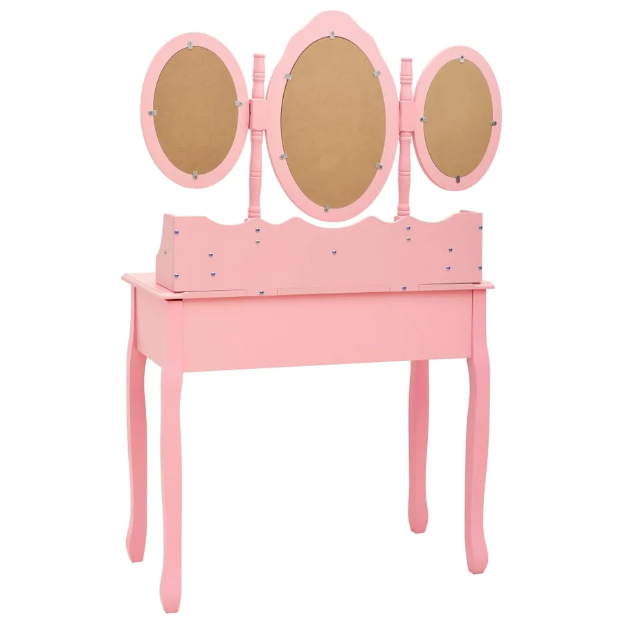 Coiffeuse avec tabouret et miroir pliable en 3 Rose - 6