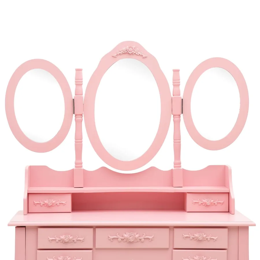 Coiffeuse avec tabouret et miroir pliable en 3 Rose - 7
