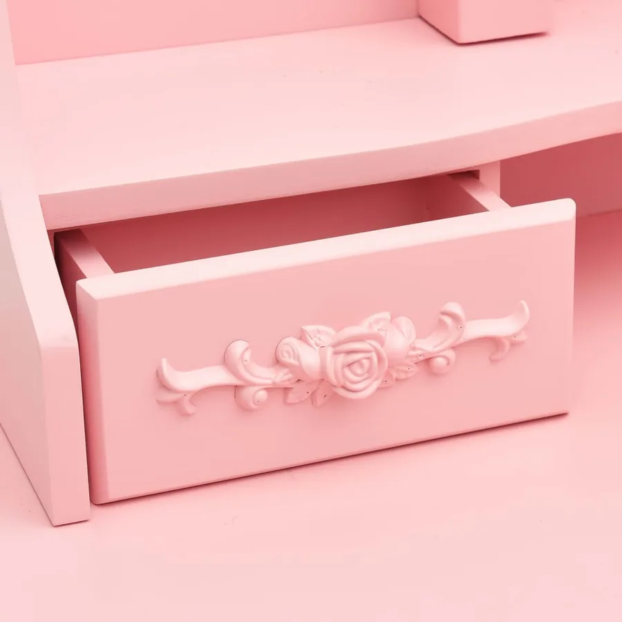 Coiffeuse avec tabouret et miroir pliable en 3 Rose - 9
