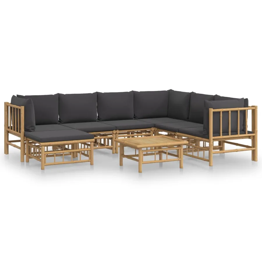 Salon de jardin 8 pcs avec coussins gris foncé bambou - 2