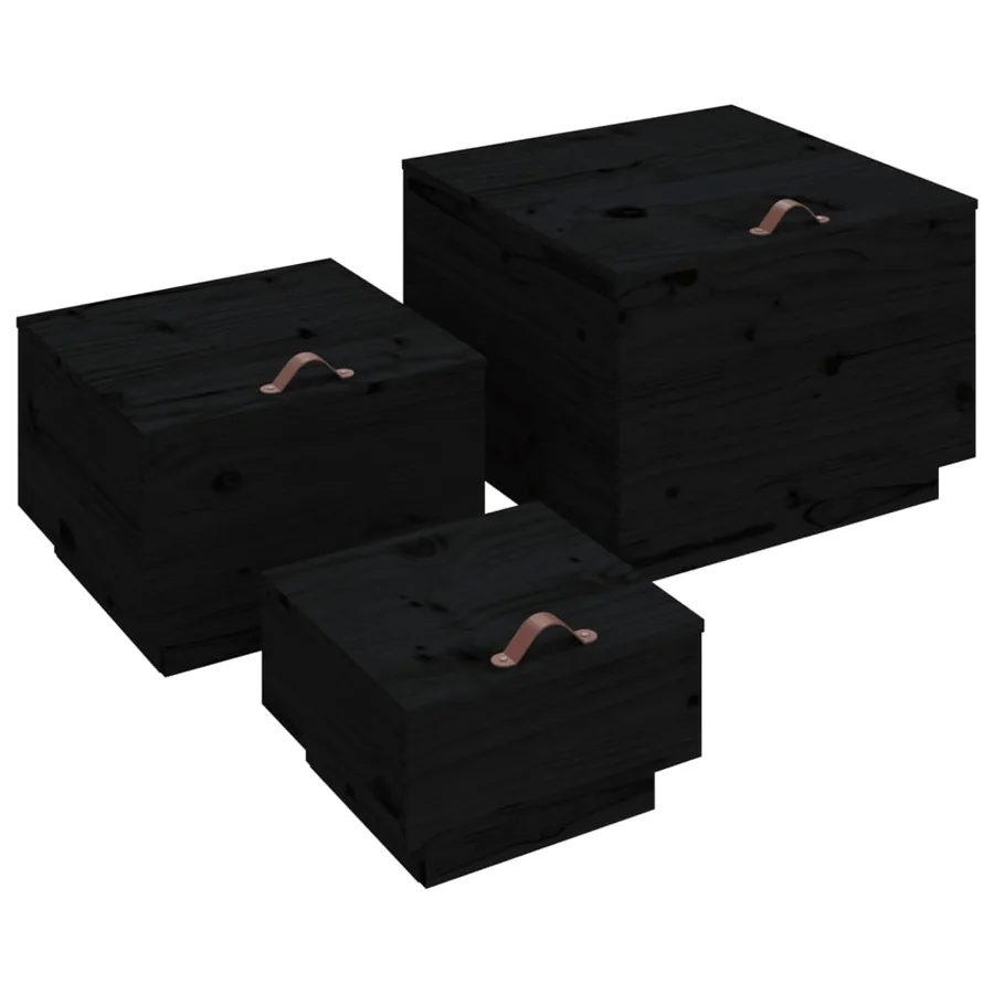 Boîtes de rangement et couvercles 3 pcs Noir Bois massif de pin - 2